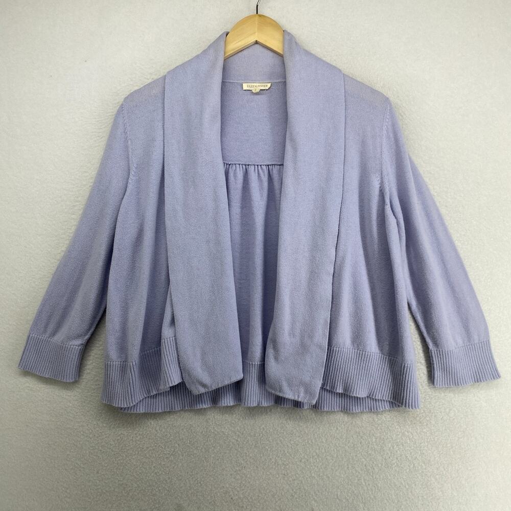 EILEEN FISHER Sweater M Organic Cotton Shawl Open Front Cardigan Shirred Purple